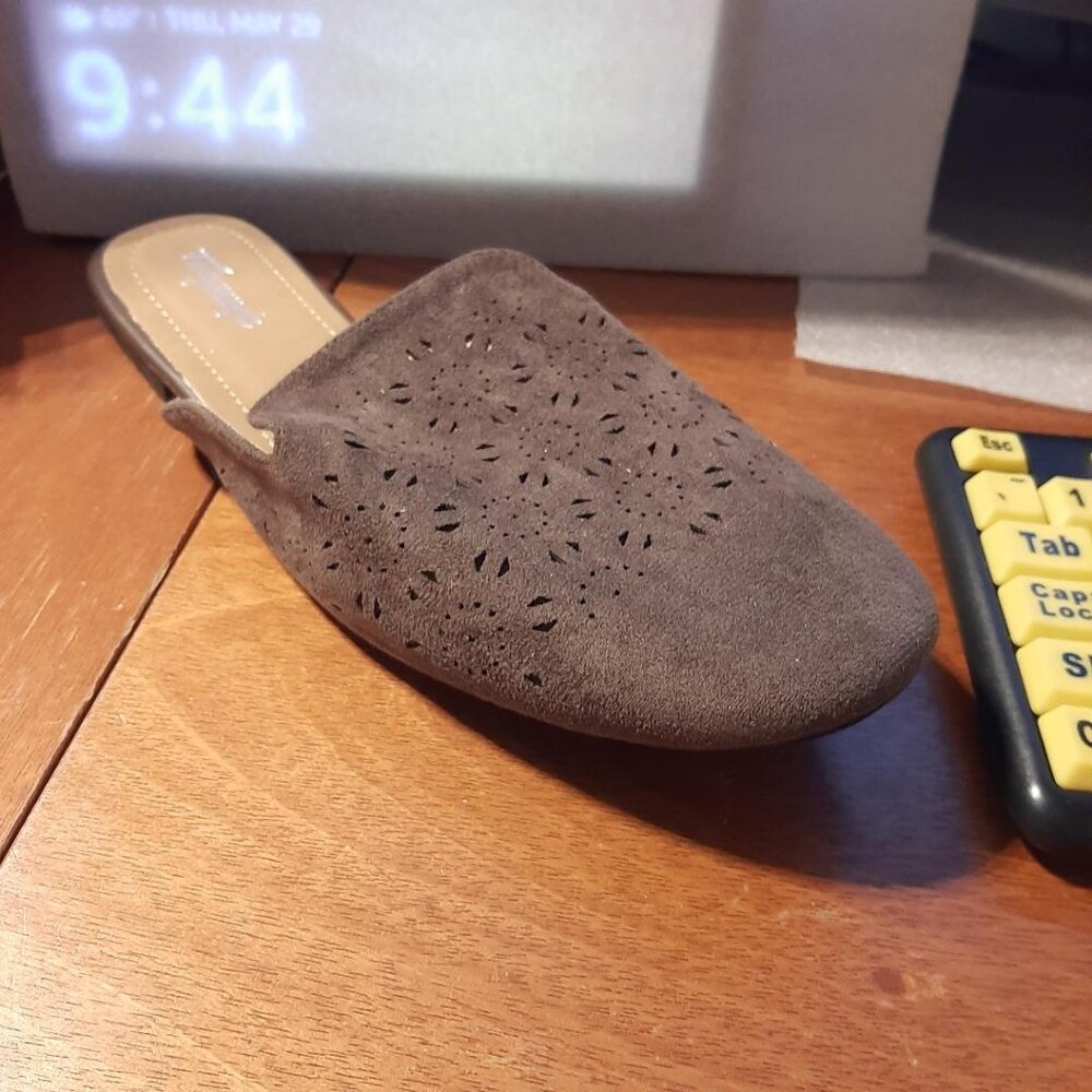 NEW ! Fudynmalc WMN Suede Flat Closed Toe Backless Loafer Slip On Brown Sz13/44